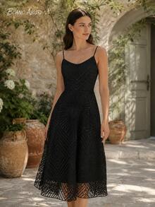 Classic Black Geometric Embroidered Cocktail Midi Dress - 黑色 - 查看 7