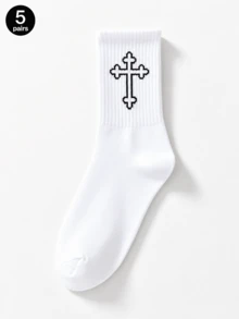 1/2/5/8/10/20 Pairs Men's All-Season Versatile Comfortable Minimalist Black & White Solid Color Mid-Calf Socks - Multicolor - View 13