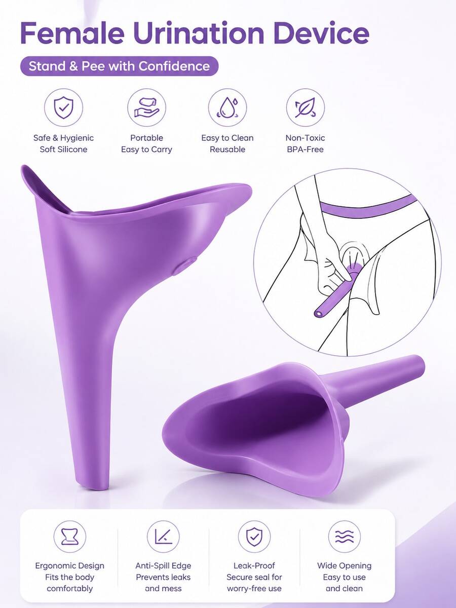 Portable Women's Urination Device, Soft Silicone Material Standing Urinal, Leak-Proof And Splash-Proof Design, Easy To Clean And Foldable, Essential For Outdoor Travel And Camping - A - View 1