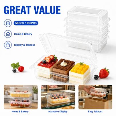 50PCS/100PCS Clear Pastry Boxes With Hinged Lids, Stackable Transparent Bakery Containers For Cakes, Cookies, Brownies, Macarons, Desserts, Parties, Gifts And Takeaway
