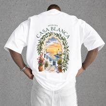 T-Shirt Femme Blanc Coton Oversize Col Rond Manches Courtes Imprimé Phare Au Coucher Du Soleil - 樣式1 - 查看 2