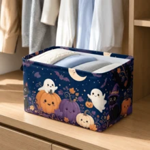 1pc Halloween Pumpkin Ghost Cat Pattern Storage Basket, Polyester Fabric Foldable Organizer Bin For Clothes Blankets Seasonal Decorations Closet Bedroom Home Storage - View 1