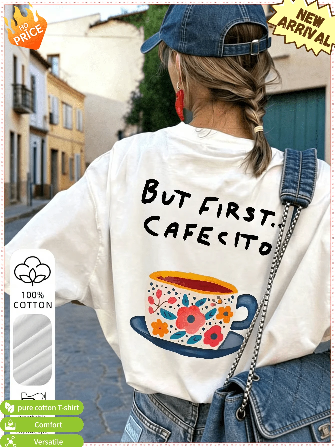 Soft Breathable T-Shirt, Printed With "But First Cafecito" Coffee Pattern.Casual Fashion.White Summer - White - View 1