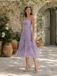 Soft Lavender Geometric Embroidered A-Line Midi Dress - 紫色 - 查看 5