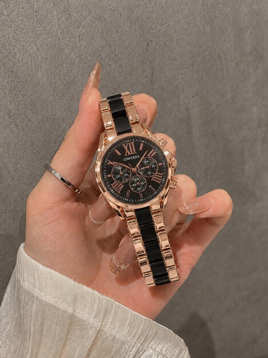 1PC Women's Fashion Quartz Watch, Rose Gold & Black Contrast Metal Band, Roman Numeral Round Three-Eye Dial, Business Casual Luxury Women's Wristwatch, Suitable For Daily Wear And Holiday Gift - Black - View 1
