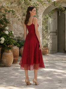 Vestido Midi de Cóctel con Bordado Geométrico Rojo Llamativo - Rojo - Ver 8