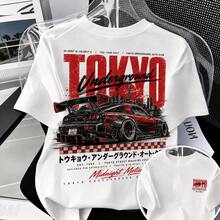 Men's T-Shirt With Bold Racing Artwork, Large Back Print, Small Chest Graphic, Red And Black Contrast Colors, Japanese Tee. - 白色 - 查看 1