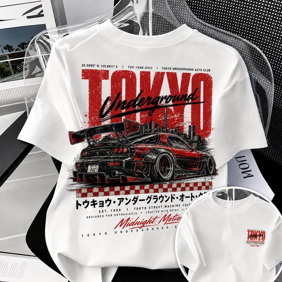 Men's T-Shirt With Bold Racing Artwork, Large Back Print, Small Chest Graphic, Red And Black Contrast Colors, Japanese Tee. - 白色 - 查看 1