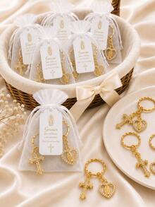 60pcs/20setsCross Virgin Mary Heart Keychains With Spanish Tag For Baptism Religious Commemorative Christian First Communion Christening 15thbirthday - Gold - View 2