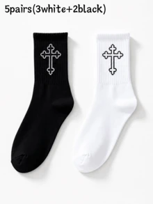 1/2/5/8/10/20 Pairs Men's All-Season Versatile Comfortable Minimalist Black & White Solid Color Mid-Calf Socks - Multicolor - View 15
