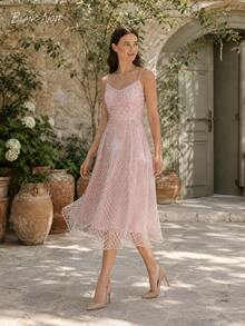 Romantic Pink Geometric Embroidered Mesh Midi Dress - 粉色 - 查看 4