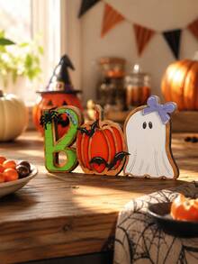 1 Peça Ornamento de Mesa com Letra BOO de Halloween, Decoração Combinada de Abóbora e Fantasma, Placa de Letra BOO, Decoração de Mesa de Halloween, Ornamento com Padrão de Abóbora, Fantasma e Morcego, Decoração com Tema de Casa Assombrada, Arranjo de Festa de Terror, Acento de Mesa de Lareira - Estilo 1 - Visão 3