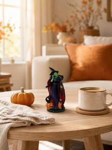 Estátua de Bruxa Assustadora Segurando Vassoura Decoração de Mesa Interna de Halloween Ornamento de Bruxa com Rosto Verde com Abóbora Gato Preto Decoração de Cena de Festa de Feriado Gótico para Casa Outono Lareira Estante de Livros Bandeja de Jantar - Chamada de bruxa - Visão 7