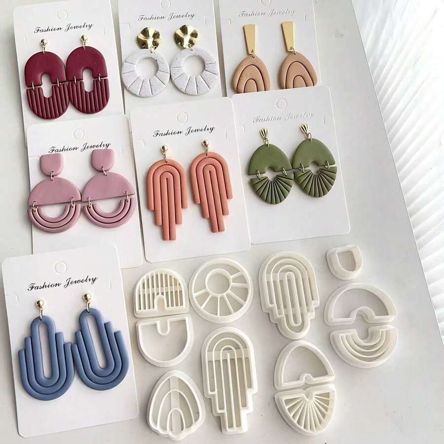 Cortador de arcilla polimérica con diseño de línea estilo bohemio, patrones geométricos y a rayas, para pendientes, colgantes, manualidades DIY - Blanco - Ver 1