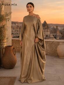 Bronze-goldenes asymmetrisches Satin-Maxikleid im türkischen Stil - Braun - Übersicht 10