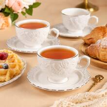 6Pcs Ceramic Tea Cup Set With Saucers, 90ml White Rose Embossed Gold Rim Cups, Microwave & Dishwasher Gift Box For Christmas Party Thanksgiving Halloween Wedding Home Gift - White - View 11