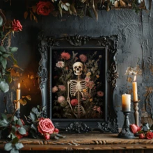 1 pieza Impresión de arte vintage de Halloween: Impresión de retrato gótico de esqueleto floral, Academia oscura, Romance oscuro, Arte de esqueleto, Decoración de Halloween, Regalo de Halloween, Enmarcado o sin enmarcar, Decoración de habitación/hogar, Decoración de apartamento de dormitorio universitario - A - Ver 5