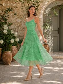 Fresh Green Geometric Embroidered Summer Midi Dress - 綠色 - 查看 12