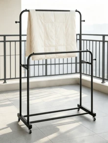 1pc Two-Tier Wheeled Iron Drying Rack, Freestanding Clothes Hanger For Household Use, Movable Balcony Garment Storage Rack - Black - View 2