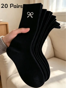 1/3/5/10/20 Pairs Women's Mid-Calf Socks, Versatile Black Solid Color With Bow, Moisture-Wicking And Breathable, Suitable For Sports And Daily Wear - Black - View 7