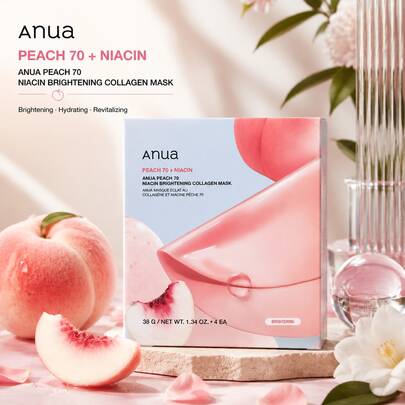 Anua Peach 70 Niacin Brightening Collagen Mask 4pcs, Korean K-Beauty Facial Sheet Mask With Peach Extract & Niacinamide, Hydrating Glow Boosting Firming Face Mask For Radiant Glass Skin
