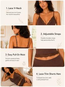 Sodalemon Women 2 Pieces Set Sleeveless Short Pajama Set With Spaghetti Strap Contrast Lace Detail And Plain Design Knitted Fabric Spring/Summer/Fall Pajamas - Brown - View 3