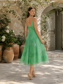 Fresh Green Geometric Embroidered Summer Midi Dress - 綠色 - 查看 7