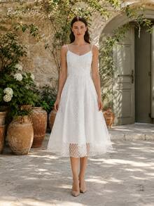 Pure White Geometric Embroidered Mesh A-Line Midi Dress - 白色 - 查看 3
