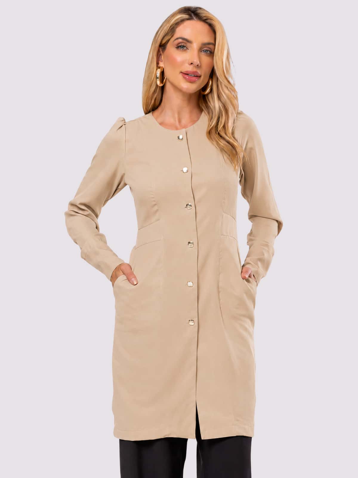 Women's Gabardine Button-Down Long Sleeve Lab Coat Oli - 沙 - 查看 1