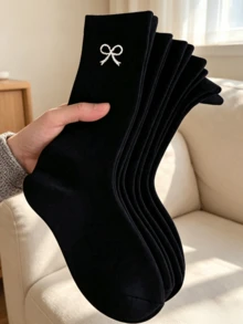 1/3/5/10/20 Pairs Women's Mid-Calf Socks, Versatile Black Solid Color With Bow, Moisture-Wicking And Breathable, Suitable For Sports And Daily Wear - Black - View 1
