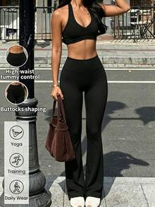 AIbart Neue elastische Bare-Feel Schlaghose, schnelltrocknende Yogahose, figurbetonende Fitness-Leggings, sportlich-lässige Skinny Micro-Flare Hose in Schwarz - Schwarz - Übersicht 5