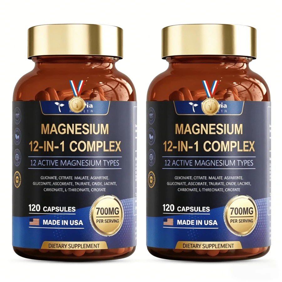12-In-1 Magnesium Complex 700mg Supplement Capsules - Relaxation Muscle, Heart Health, Stress Relief, Vegan, 120 Caps - 2PCS - 查看 1