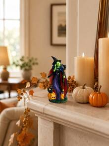 Estátua de Bruxa Assustadora Segurando Vassoura Decoração de Mesa Interna de Halloween Ornamento de Bruxa com Rosto Verde com Abóbora Gato Preto Decoração de Cena de Festa de Feriado Gótico para Casa Outono Lareira Estante de Livros Bandeja de Jantar - Chamada de bruxa - Visão 3