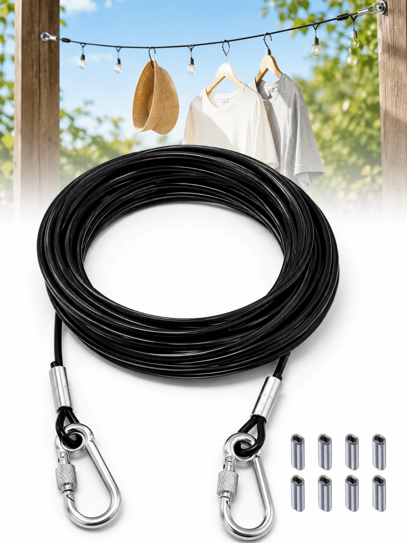 15m Coated Safety Rope With Hooks Heavy Duty Stainless Steel Cable - Suitable For Clothesline, Dog Leash, Balcony/Hanging Anti-Slip Anti-Rust Weather-Resistant Steel Wire Rope - 4 Length Options (Large), Clothesline - Multicolor - View 1