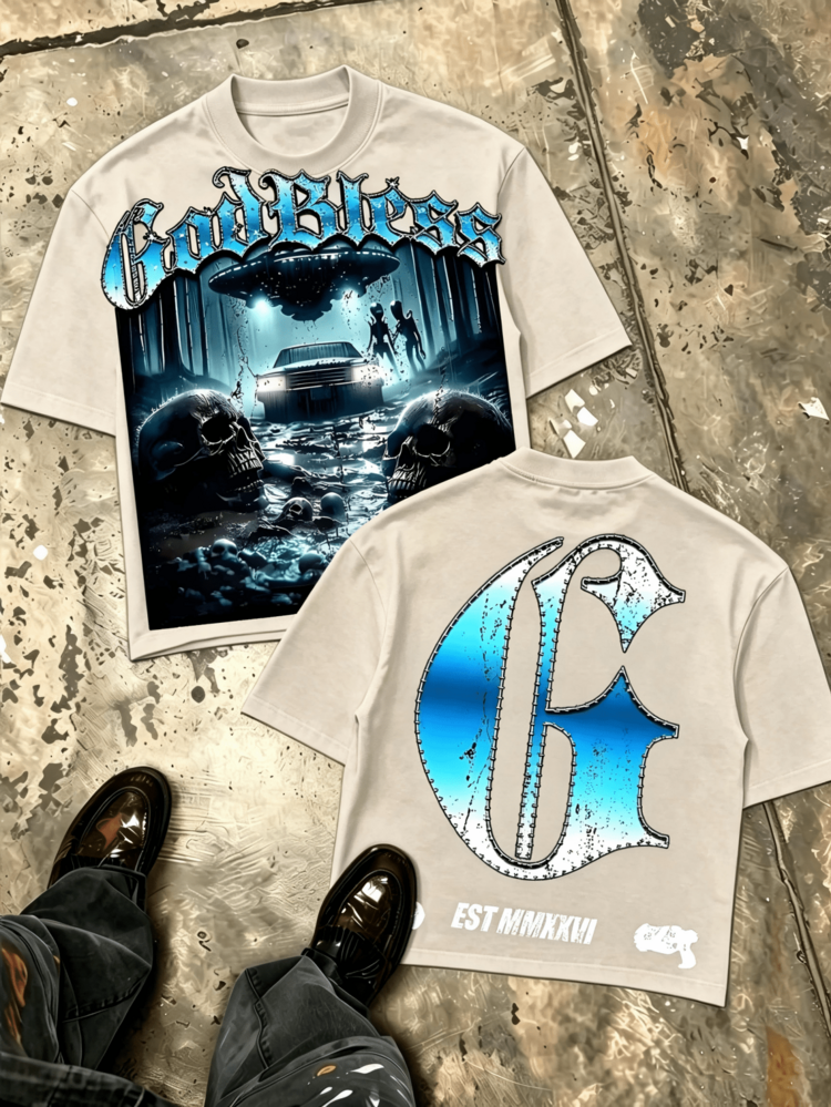 UFO Alien Double-Sided Graphic Tee, Oversized Men Cotton Crew Neck Streetwear Summer Casual Independence Top - Apricot 1 - View 11