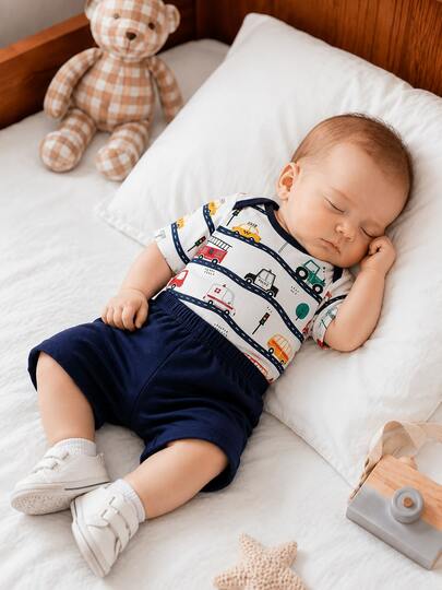 Hibobi Conjunto para bebé niño con estampado de coche, body de manga corta + pantalones cortos, 2 piezas