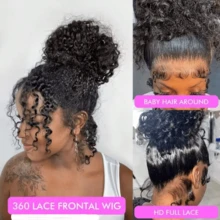 Invisi Strap 360 Deep Wave Lace Front Wigs Human Hair 250% Density Deep Curly Human Hair Wig Wet And Wavy Glueless 360 HD Lace Frontal Wig With Drawstring Pre Plucked Natural Hairline 13x6 HD Curly Human Hair Wigs For Women Natural Black Color - Natural Black - 查看 5
