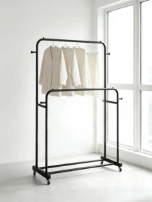 1pc Two-Tier Wheeled Iron Drying Rack, Freestanding Clothes Hanger For Household Use, Movable Balcony Garment Storage Rack - Black - View 1