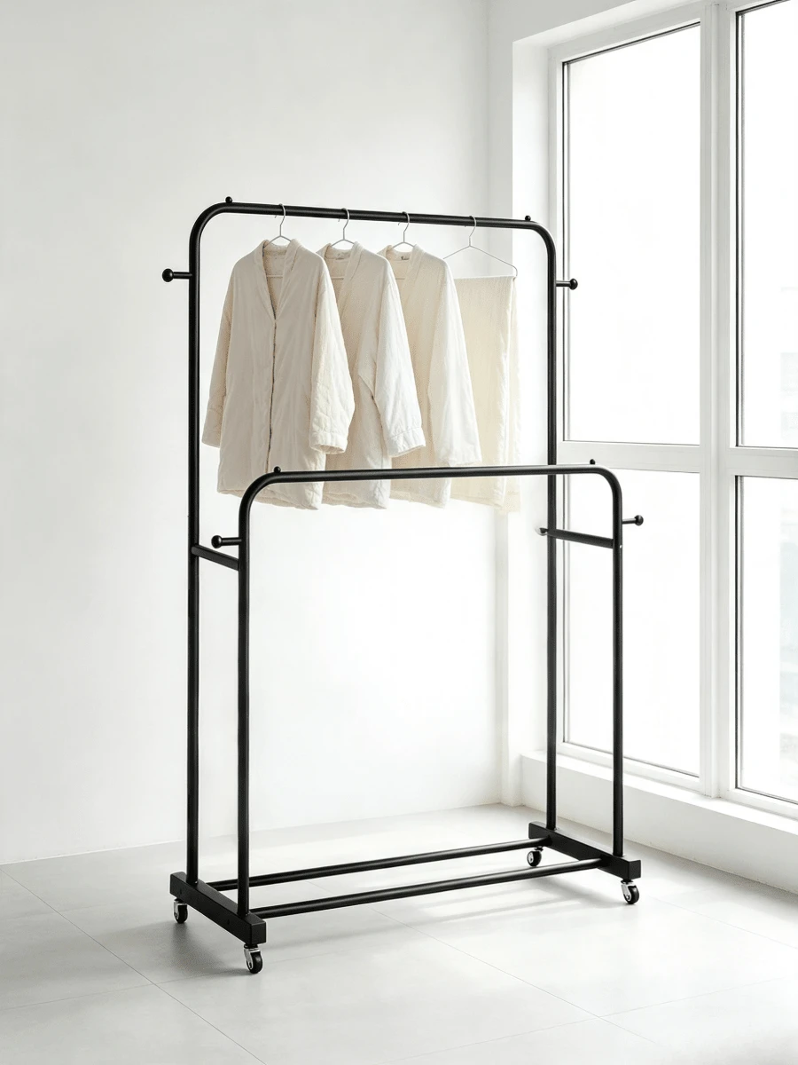 1pc Two-Tier Wheeled Iron Drying Rack, Freestanding Clothes Hanger For Household Use, Movable Balcony Garment Storage Rack - Black - View 1