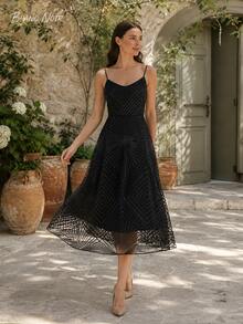 Classic Black Geometric Embroidered Cocktail Midi Dress - 黑色 - 查看 12