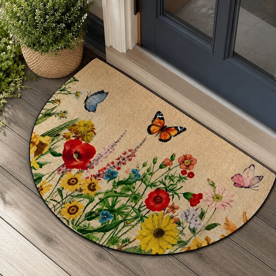 Elegant Half Round Christmas Welcome Mat - Festive Pine And Berry Entryway Rug For Front Door, Garden, And Patio - Premium Non-Slip Seasonal Decor - Apricot - View 1