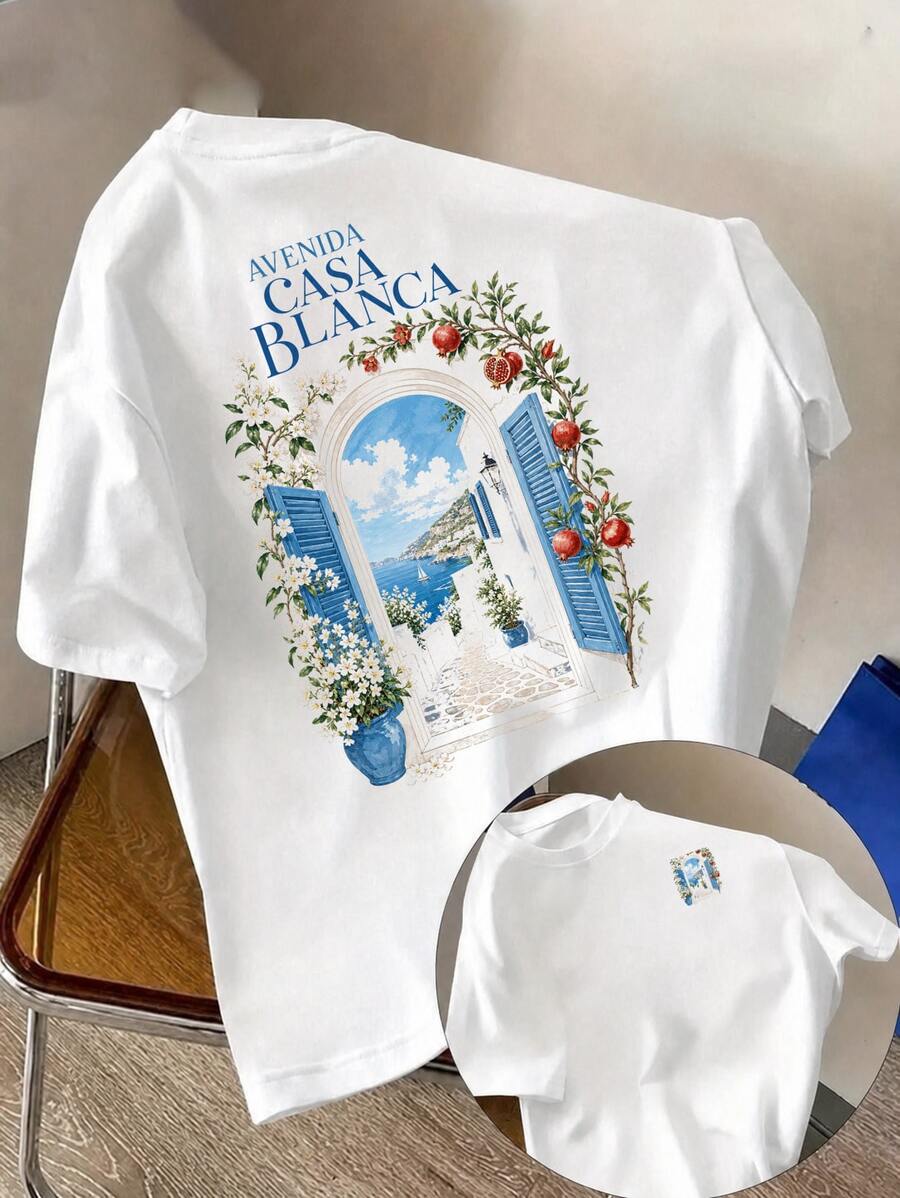 Camiseta de algodón blanca de talla grande con estampado de persianas azules, flores blancas y granadas. - estilo1 - Ver 1