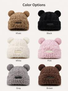 1pc Cute Bear Ear Plush Hat, Warm Ear-Protective Beanie For Women, Autumn/Winter, Face-Slimming - Multicolor - View 4