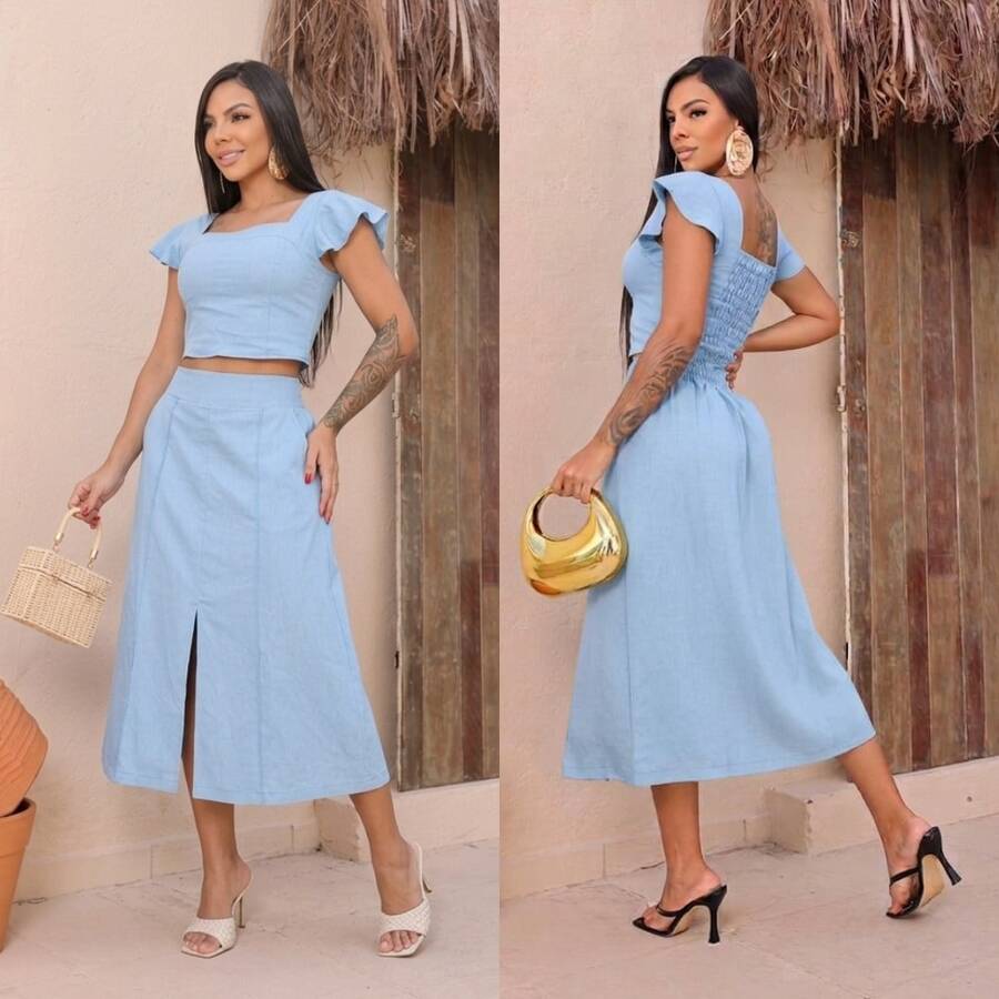 Women's Tailored Cropped Ruffle Sleeve Midi Skirt Set Front Slit High Waist Elegant Women's Fashion ✨ - 淺藍色 - 查看 1