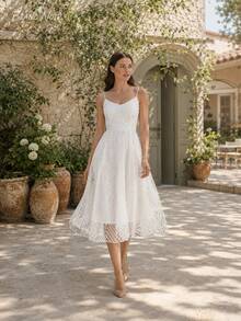 Pure White Geometric Embroidered Mesh A-Line Midi Dress - 白色 - 查看 6
