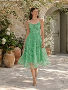 Fresh Green Geometric Embroidered Summer Midi Dress - 綠色 - 查看 1