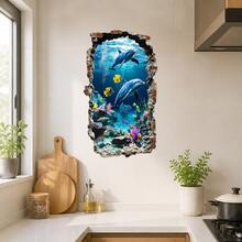 1 片 30x60 厘米 2D 水下海豚礁墙贴 - 逼真海洋生物墙贴，自粘可移除 PVC 浴室墙面装饰，充满活力的海洋主题家居装饰 - 彩色 - 查看 5