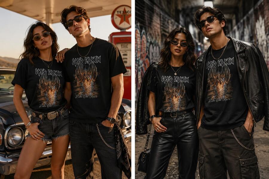 T-Shirt Featuring The Iced Earth Band Logo And Album Art - Heavy Metal Merchandise Item With An Iconic Demon And Lettering Print, Made From 100% - 黑色 - 查看 1
