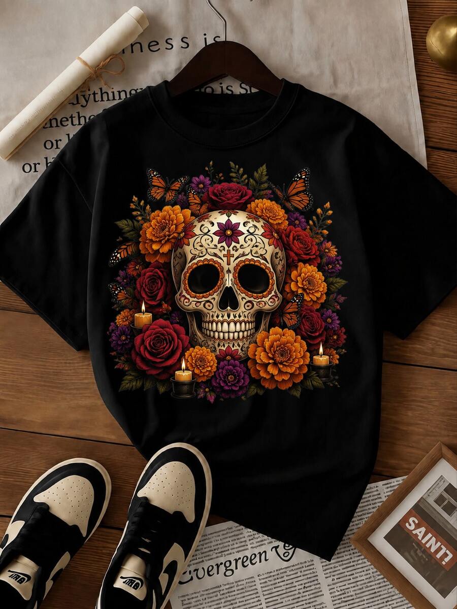 Camiseta estampada para mujer con diseño de calavera rodeada de flores naranjas, rojas y moradas, Día de Muertos Calavera de Azucar Catrina Cempasuchil Flor - Negro - Ver 1