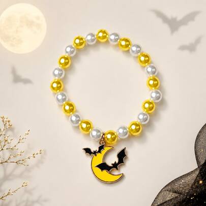 Halloween Moon Bat Pendant Beaded Bracelet | Gold And Pearl White Round Beads Elastic Bracelet | Dark Night Crescent Moon Flying Bat Theme Jewelry | Suitable For Halloween Party Costume, Halloween Decoration, Trick Or Treat, Holiday Gift And Daily Wear
